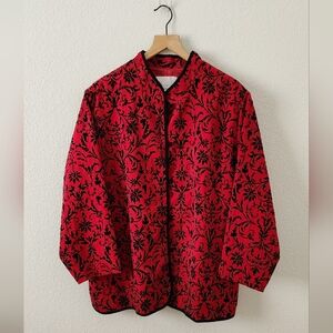 Susan Graver Women's 2X Asian Inspired Red Black Velvet Textured Blazer Jacket